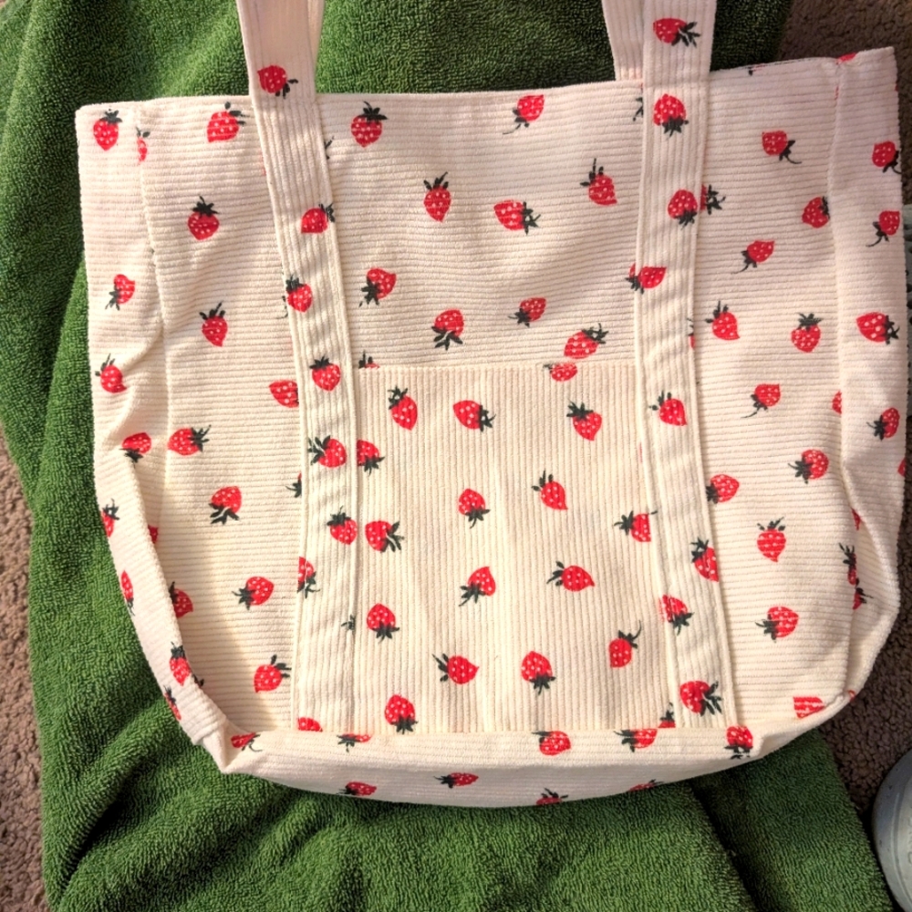 Strawberry Print Corduroy Tote Bag